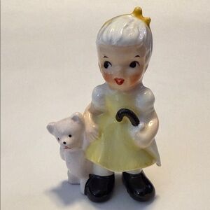 Vintage MCM Enesco Ceramic Girl Yellow Dress& Pink Teddy Bear Figurine